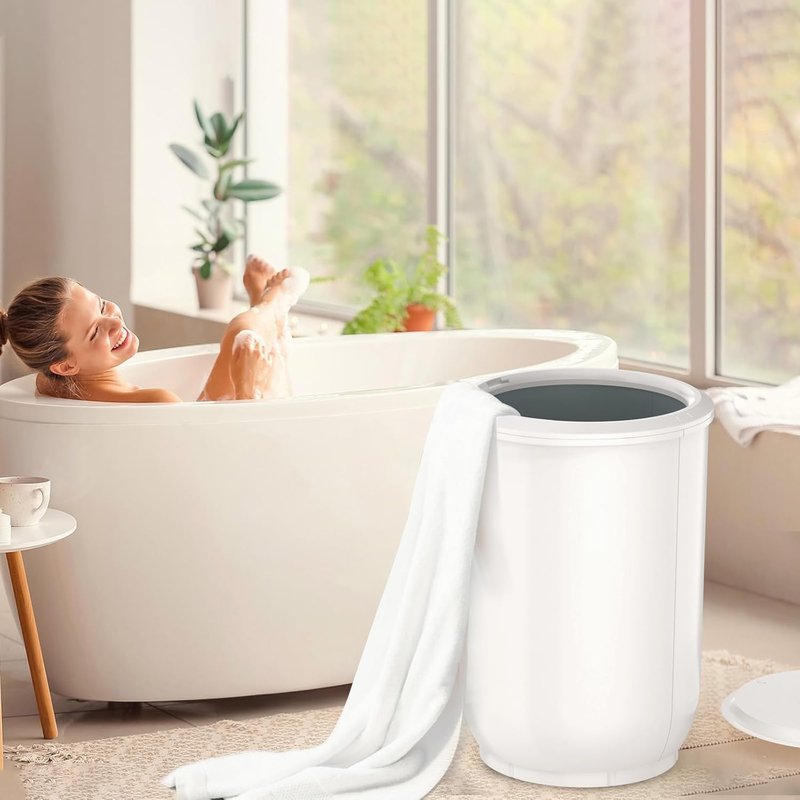 FLYHIT Large Towel Warmer - Heated Bucket with Wood Handle, Auto Shut Off | Fits Two 40"x70" Towels, White