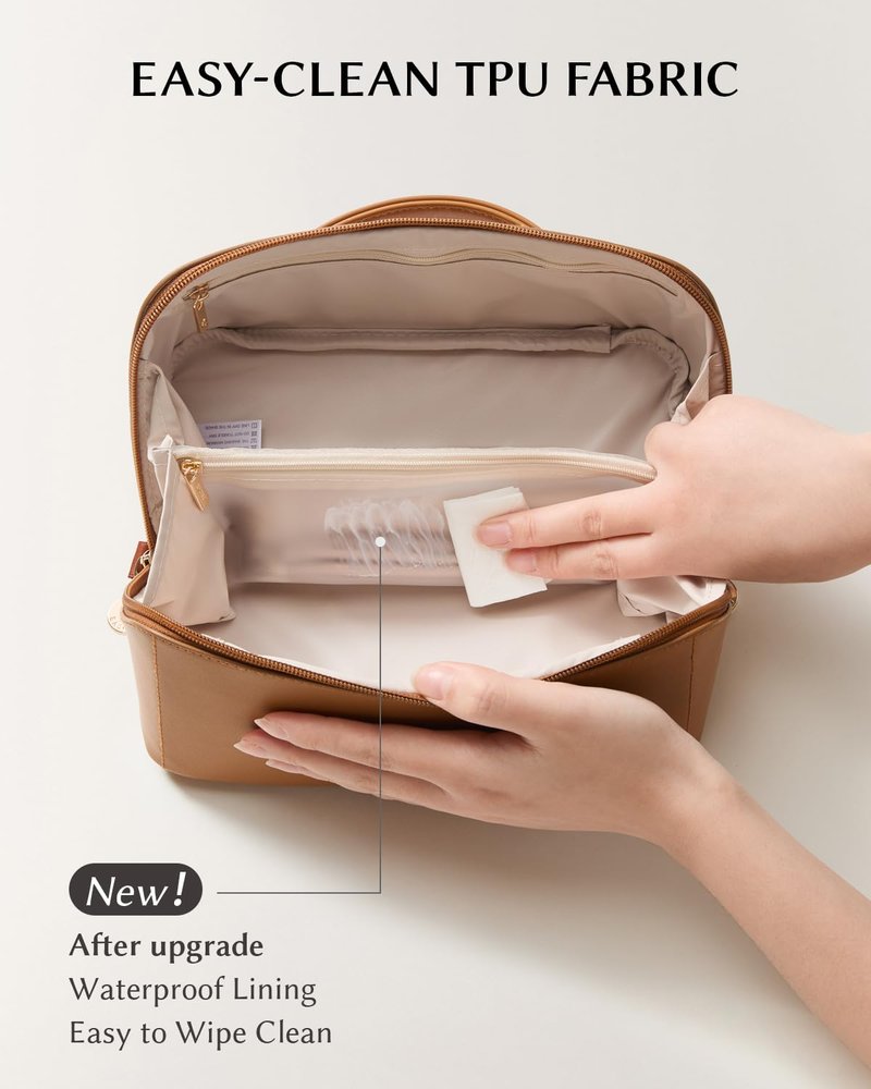 EACHY Travel Makeup Bag, 2.0 Cosmetic Bag for Women, Waterproof PU Leather,Flat Open Portable Toiletry Bag for Skincare, Brushes & Travel Essentials