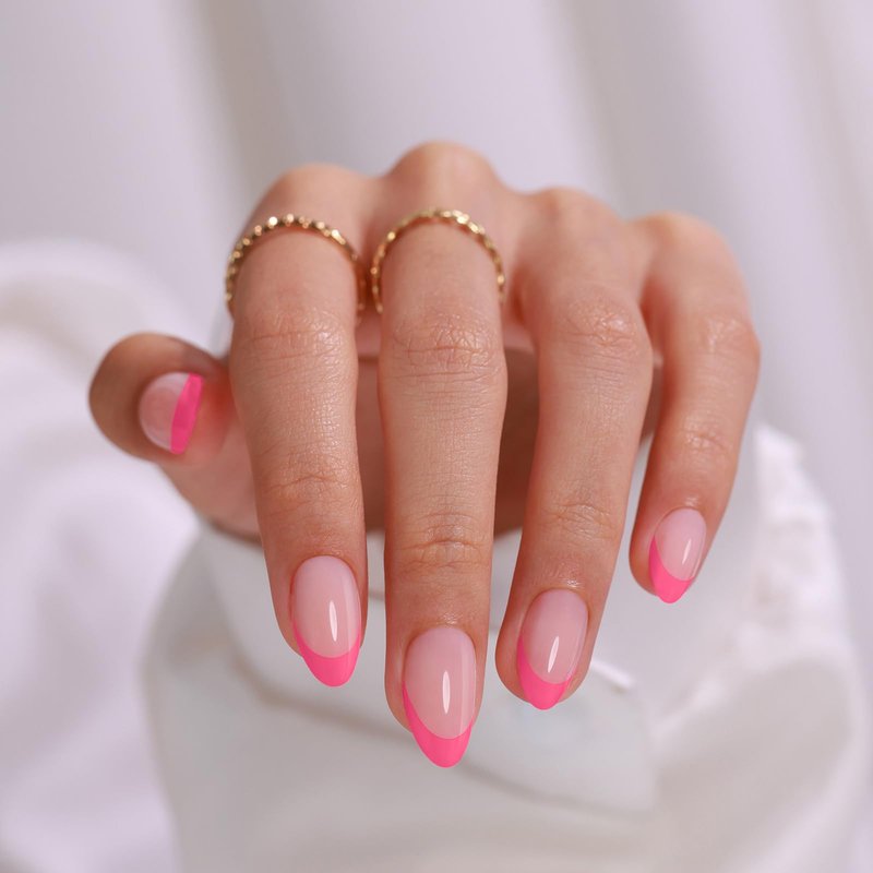 Pink French Tip Press on Nails Almond - SHANGMENG Soft Gel Press on Nails Short for Women Gift, Naturally Fit Glue on Nails in 16 Sizes - 32 Reusable Fake Nails Kit with Glue, Dolce Pink