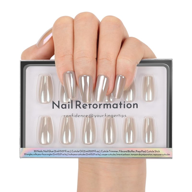 Nail Reformation Press On Nails, Glazed Over | Metallic Shimmer Short Coffin Fake Nails with Glossy Finish, Reusable Natural Stick On Nails Kit - 30 Pcs in 15 Sizes with Glue, Manicure Gifts for Women