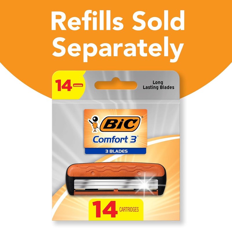BIC Comfort 3 Men's Refillable 3-Blade Razors with 1 Handle and 12 Cartridges, Smooth Shave Razor Set for Men