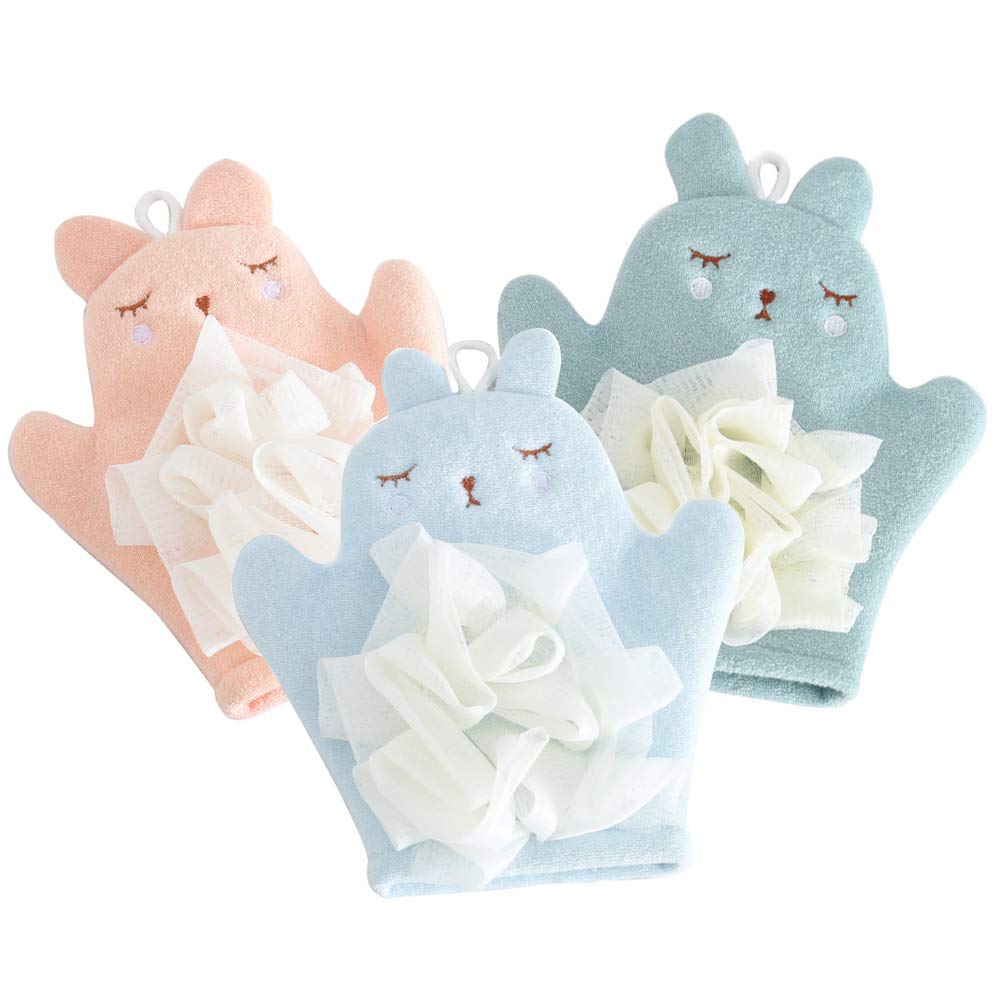 HSENCHO Bath Sponge for Kids Cute Animal Shower Bathing Mitt Loofah Soft Wash Sponge Body Scrub for Baby Toddler (Set of 3