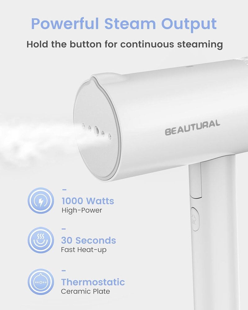 Beautural Portable Clothes Steamer - Fast 30s Heat-Up, Handheld & Foldable Design, White