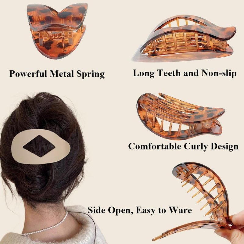 Rauimour 8PCS Flat Hair Clips for Women Girls,Large Strong Hold Ladies Hair Claw Clamp Barrettes for Lying Down Styling Accessories, Elegant 3.94" Medium Matte Neutral Leopard Color(Rhombus)