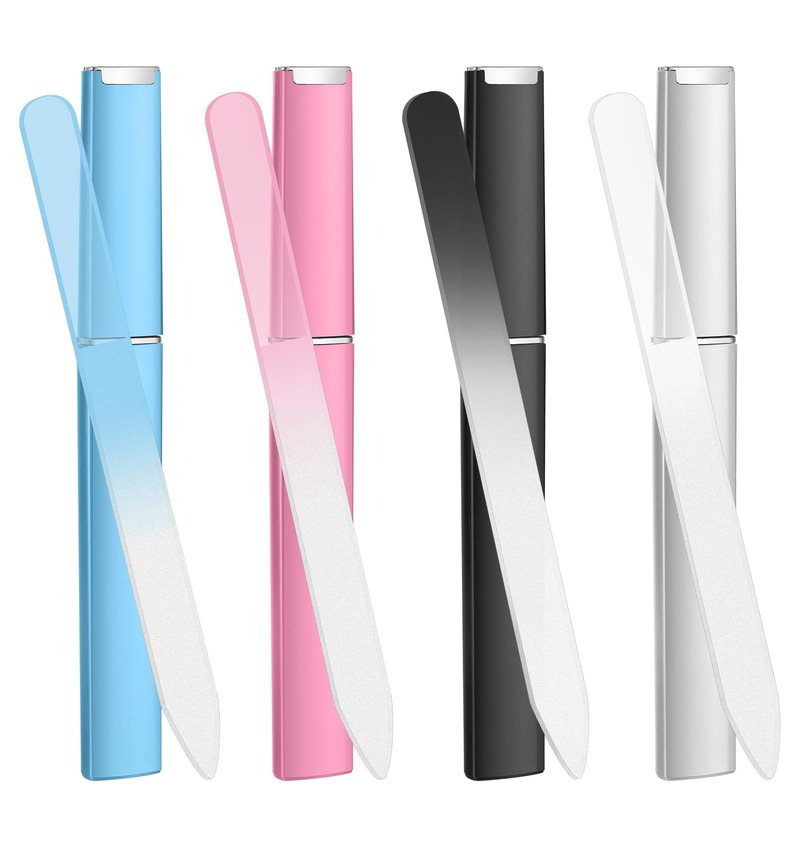 4 Pack Glass Nail File, Glass Fingernail Files with Cass for Women Double Sided for Natural & Artificial Nails, Reusable Nail Filer for Manicure & Pedicure, with Travel Case