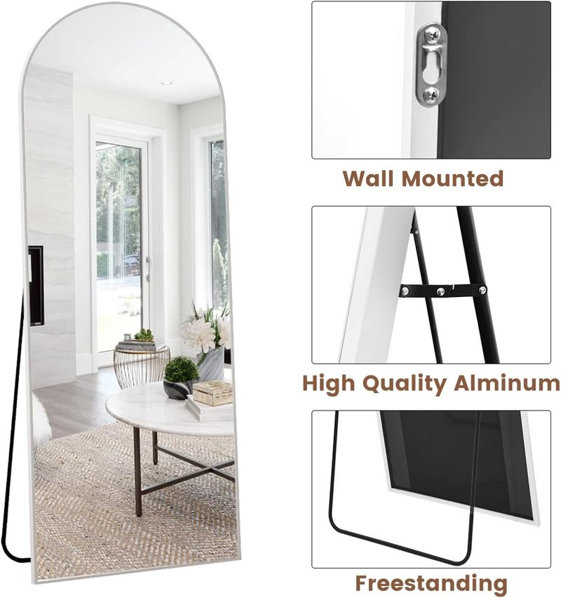 Arched Floor Mirror - 56"x20" Full-Length Standing Mirror | Aluminum Frame, Wall-Mounted or Leaning, White Finish