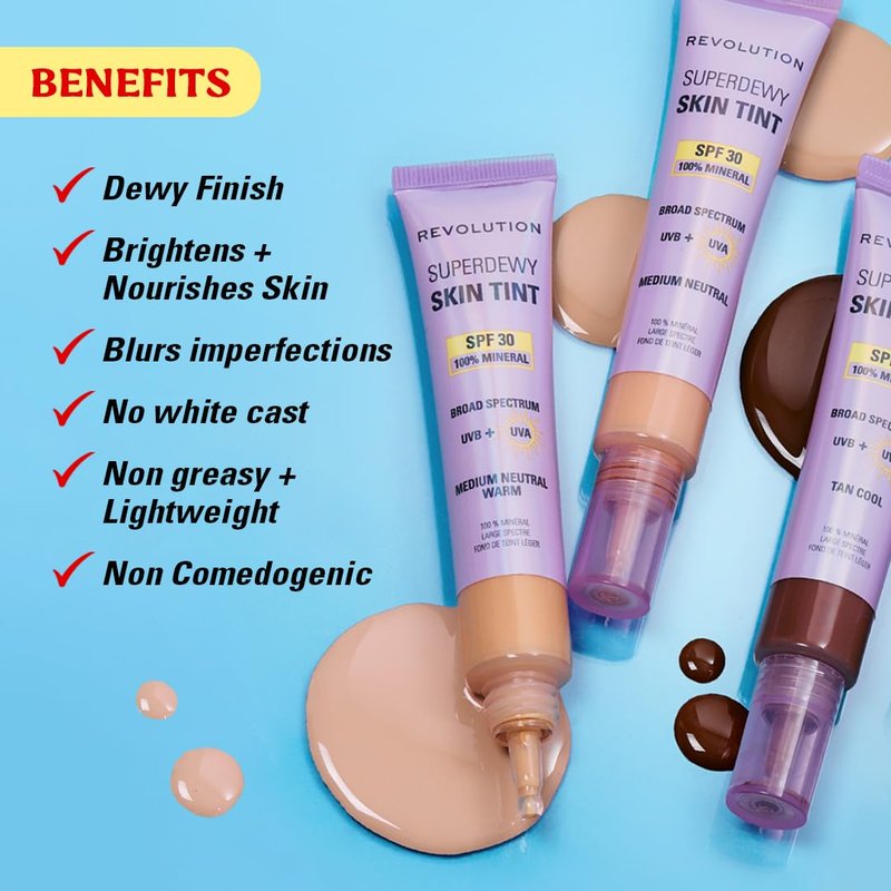 Revolution Superdewy SPF 30 Skin Tint, Tinted Mineral Face Foundation, Buildable Coverage for Facial Glow, 12% Zinc Oxide, Vegan & Cruelty-Free, Fair Neutral