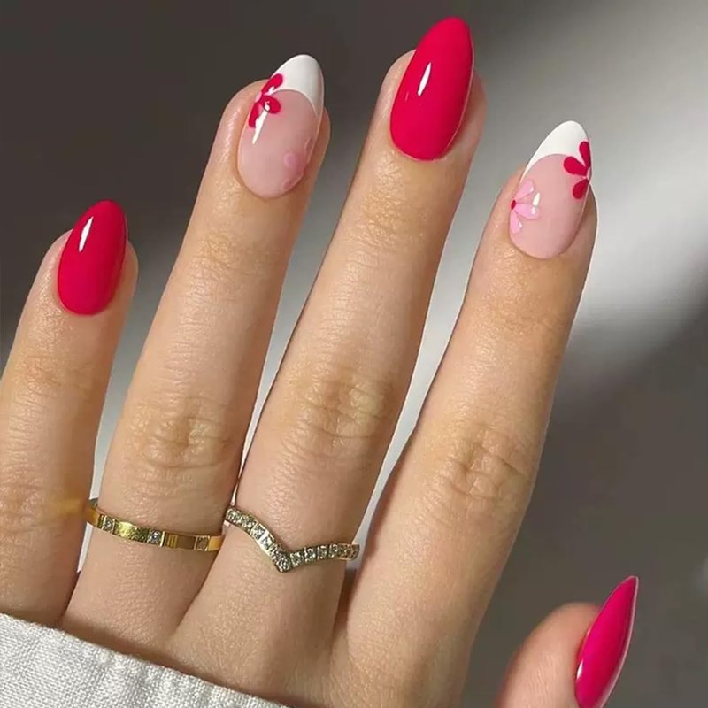 Skiennix Flower Press On Nails - Medium Almond French Tip Design - 144 Pcs Full Cover Glossy Acrylic