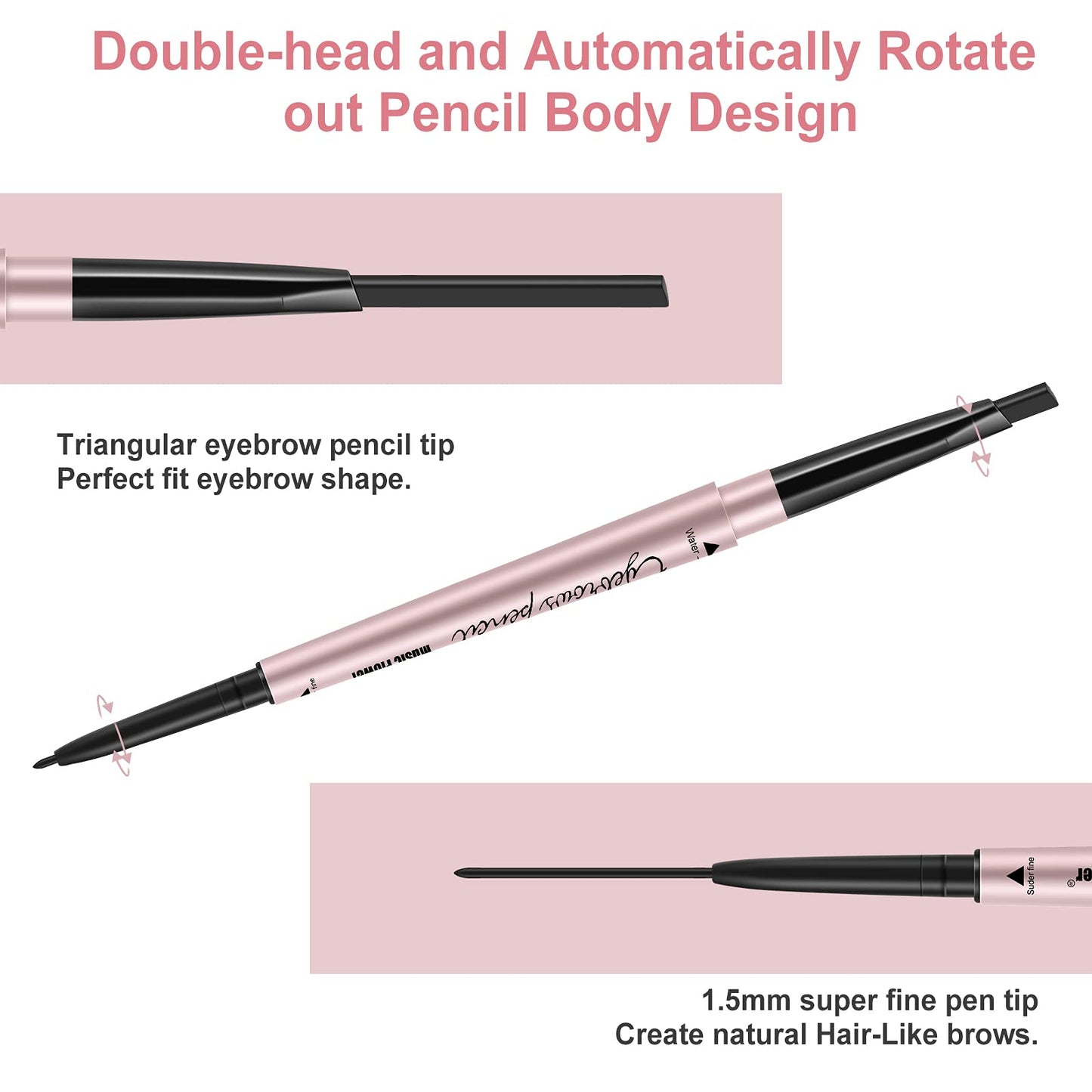 TurritopsisD Eyebrow Pencil, 2 in 1 Dual-ends Retractable Triangular & Fine Tip Brow Pen Waterproof Long-lasting Create Natural Eye Brows Makeup