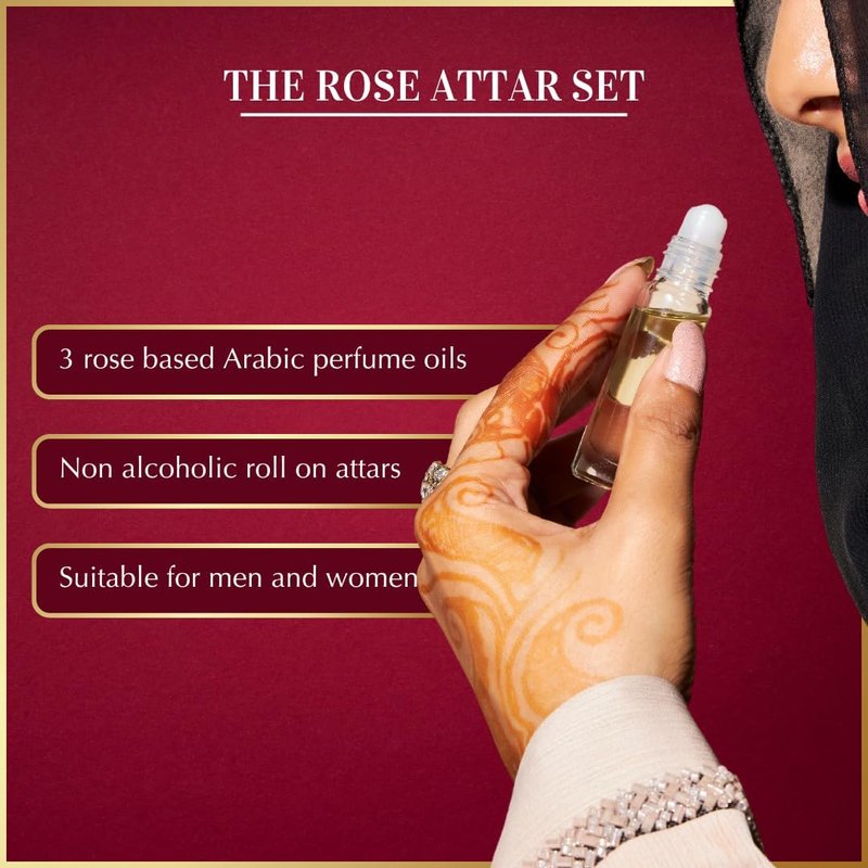 Dukhni Rose Attar Oil Set | Authentic Arabic Fragrance Oils 3pc x 6ml | 100% Pure, Alcohol-Free Original Gulab Attar Blends | Unisex Attar | Best gift, Ramadan gift, Islamic fragrance