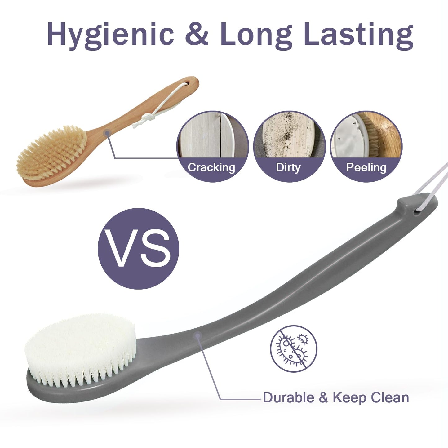 ROLIZOE Bath Brush Long Handle for Shower, Soft Bristle Back Scrubber for Shower, Ergonomics Curved Long Handle Back Brush Exfoliating Body Scrubber with Hook and Lanyard-Grey