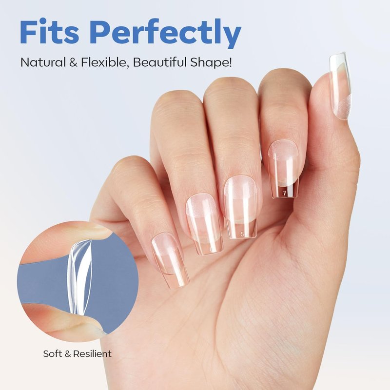 modelones Short Square Nail Tips, Pre-shaped Soft Gel Tips Fake Nails False Acrylic Clear Full Cover Press on Extension Gel Kit Manicure DIY at Home 216PCS 12Sizes