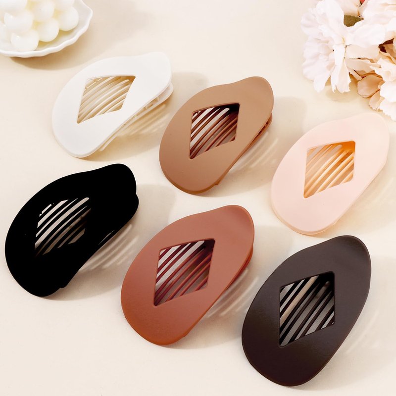 Atoden Large Flat Round Hair Clips Oval Claw Clips for Thick Medium Thin Hair 6Pcs Non Slip Strong Hold Barrettes Duckbill Accessories for Women Girls Matte Solid Neutral Color