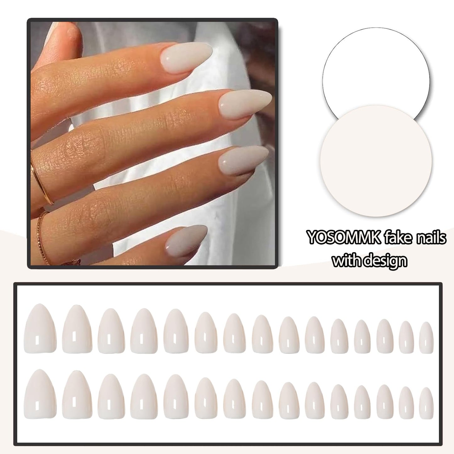 YOSOMMK Milky White Acrylic Press on Nails Short Almond Shaped Acrylic Fake Nails Press ons with Glue Glossy Cover Artificial Short Glue on Nail for Women 30PCS Only One Color Stick on False Nail