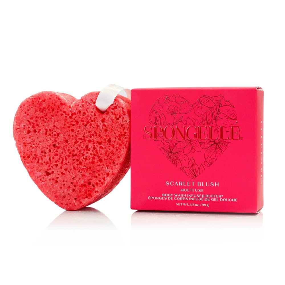 SPONGELLÉ Scarlet Blush Heart Buffer – All-in-One Exfoliating Sponge & Body Wash for Valentine's & Mother's Day Gifts