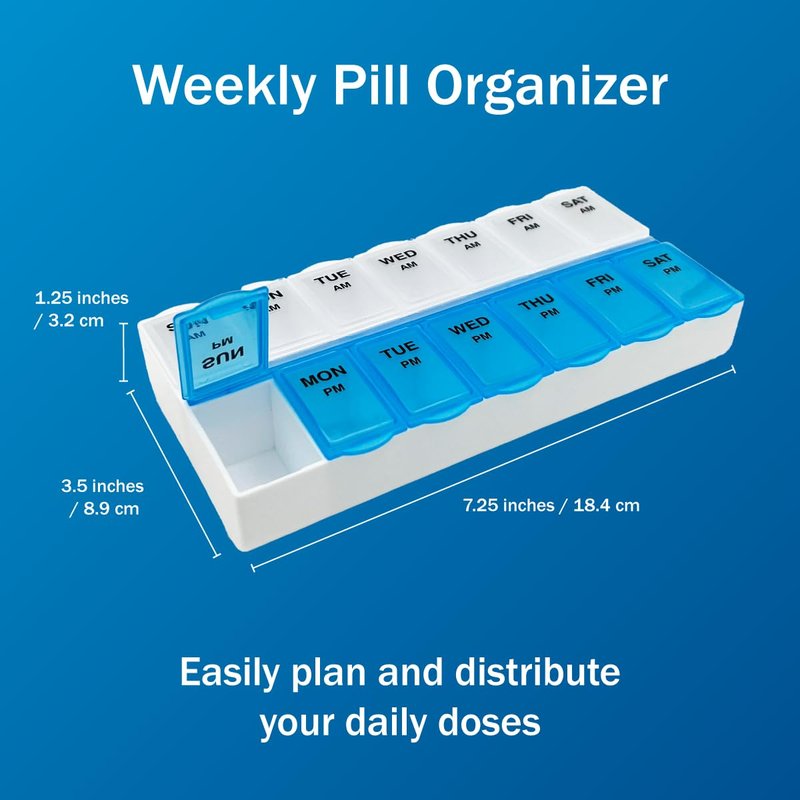 Amazon Basic Care 7-Day AM/PM Pill Organizer, Medication Planner with Large Compartments for Tablets, Blue and Clear Lids