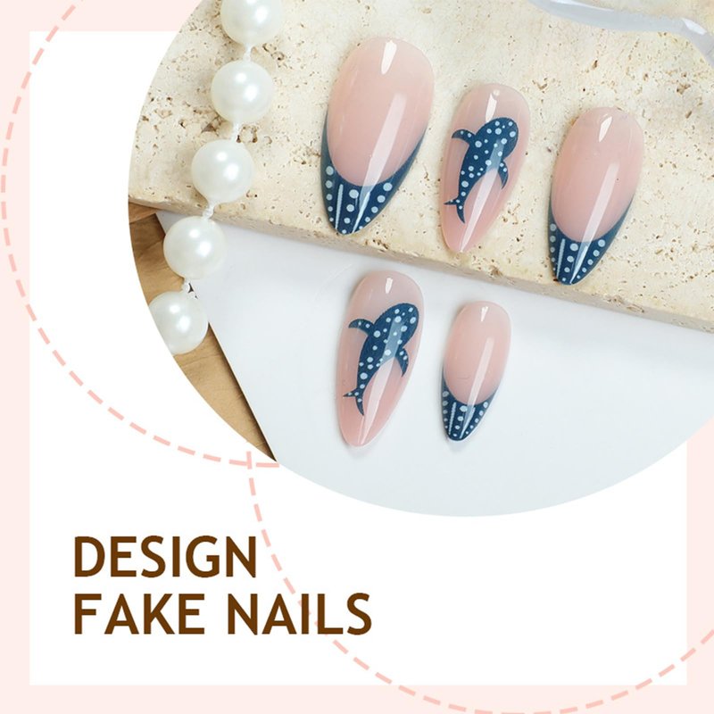 GCSQW Summer Press on Nails Almond, Ocean Whale Shark Fake Nails Polka Dot French Tip Nails Glossy Acrylic Nails Press ons, 30Pcs Reusable Stick on Nails for Women Manicure Vacation Wear