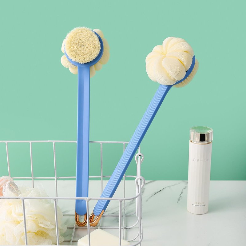 Shower Body Brush,Soft Bristles and Beautiful Pumpkin Loofah 14” Long Handle Back Scrubber Bath Mesh Sponge for Skin Exfoliating Bath,Massage Bristles Suitable for Wet or Dry,Men and Women (Blue)