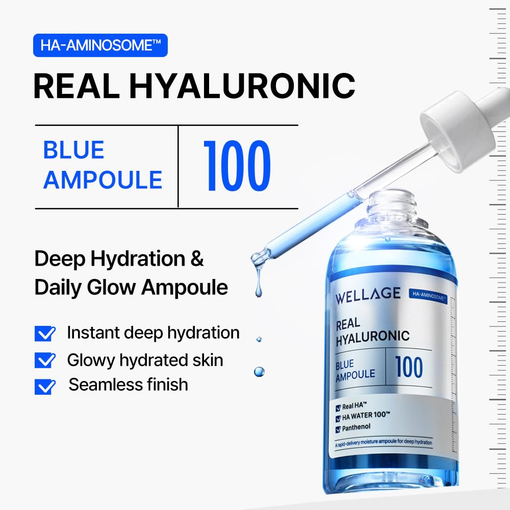 WELLAGE Real Hyaluronic Blue Ampoule 100, Korean Serum, Fragrance Free Hyaluronic Acid Ampoule with Panthenol, Wild yam, Centella for Sensitive Dry Skin Moisturizer 2.54 fl.oz