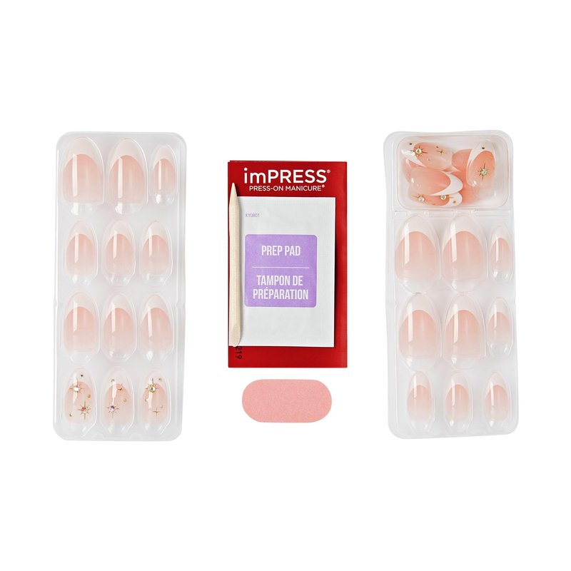 Kiss Impress No Glue Mani Press On Nails, Design, 'Star player', White, Medium Size, Almond Shape, Includes 30 Nails, Prep Pad, Instructions Sheet, 1 Manicure Stick, 1 Mini File