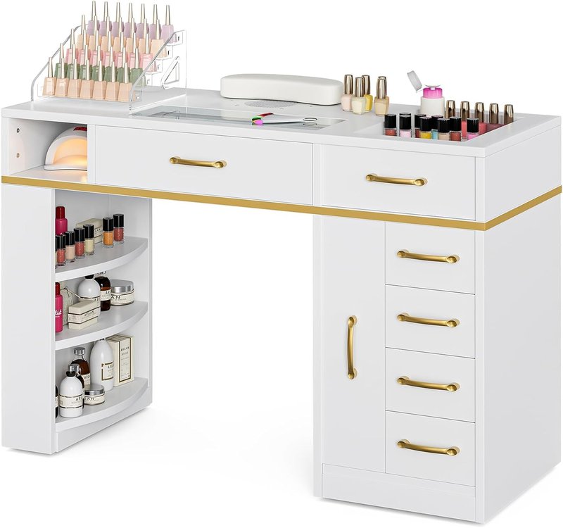 Belandi Manicure Table Nail Station for Nail Tech, Glass Top Nail Table Acetone Resistant w/Dust Collector, 7 Drawers & Shelves, Nail Workstation w/Wrist Cushion, Acrylic Display Stand(WH-White)