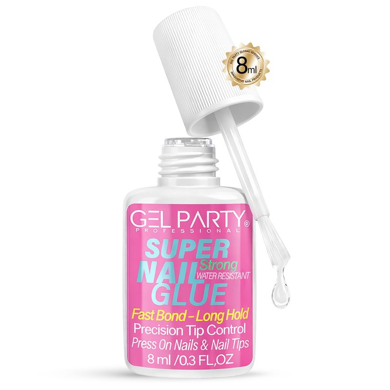 GELPARTY (8ml) Super Strong Brush On Nail Glue for Press On Nails & Tips – Quick Dry Clear Acrylic Nail Adhesive, Long Lasting Waterproof Bond for Fake Nails & Nail Art