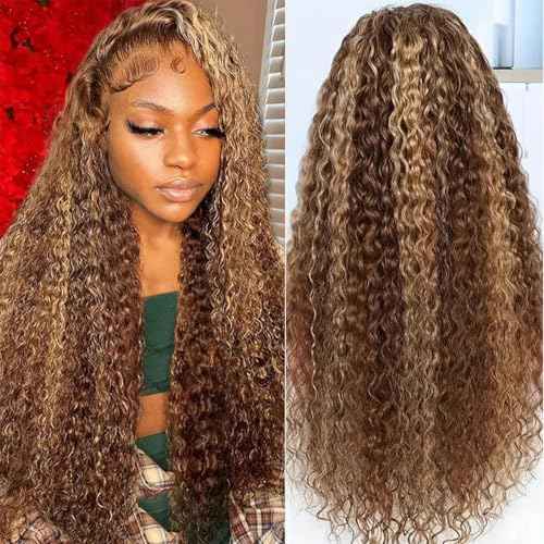 NOELLA 13x6 HD Lace Front Wigs Human Hair 24 Inch Honey Blonde Highlight Ombre Water Wave Curly Human Hair Wigs 210% Density Wet and Wavy Lace Frontal Glueless Wig For Black Women