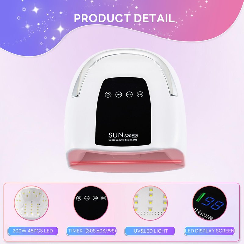 Cordless Nail Lamp 200W Rechargeable UV Light for Gel Nails LED Nail Dryer with 3 Timer Modes Perfect for Salon and Home Use Portable Cordless Design Continuous Use Up to 4-5 Hours (S20 Max)