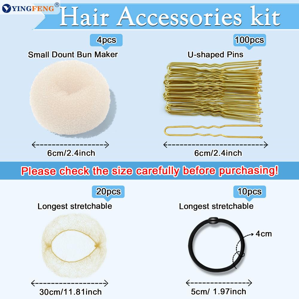 YINGFENG 134 Pcs Beige Hair Bun Maker Kit for Kids Small - 4 Hair Donuts for Buns, 20 Hair Nets for Buns, 100 U Shaped Bobby Pins, 10 Hair Bands, for Girls, Ballet Dance, Hair Accessories for Women