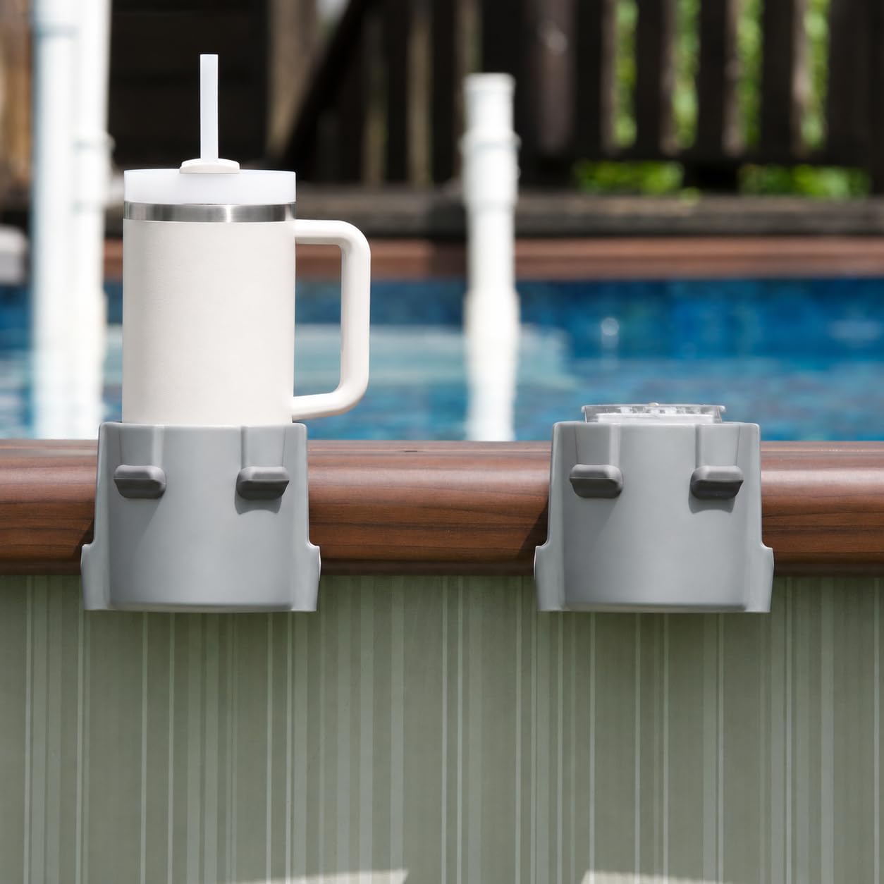 2-Pack Poolside Cup Holders for Square-Top Above Ground Pools, Adjustable Fit for Wide Edges, Non-Slip Silicone Grips, Fits Tumblers & Drink Bottles, Use on Deck, Boat & Patio, Silver Grey