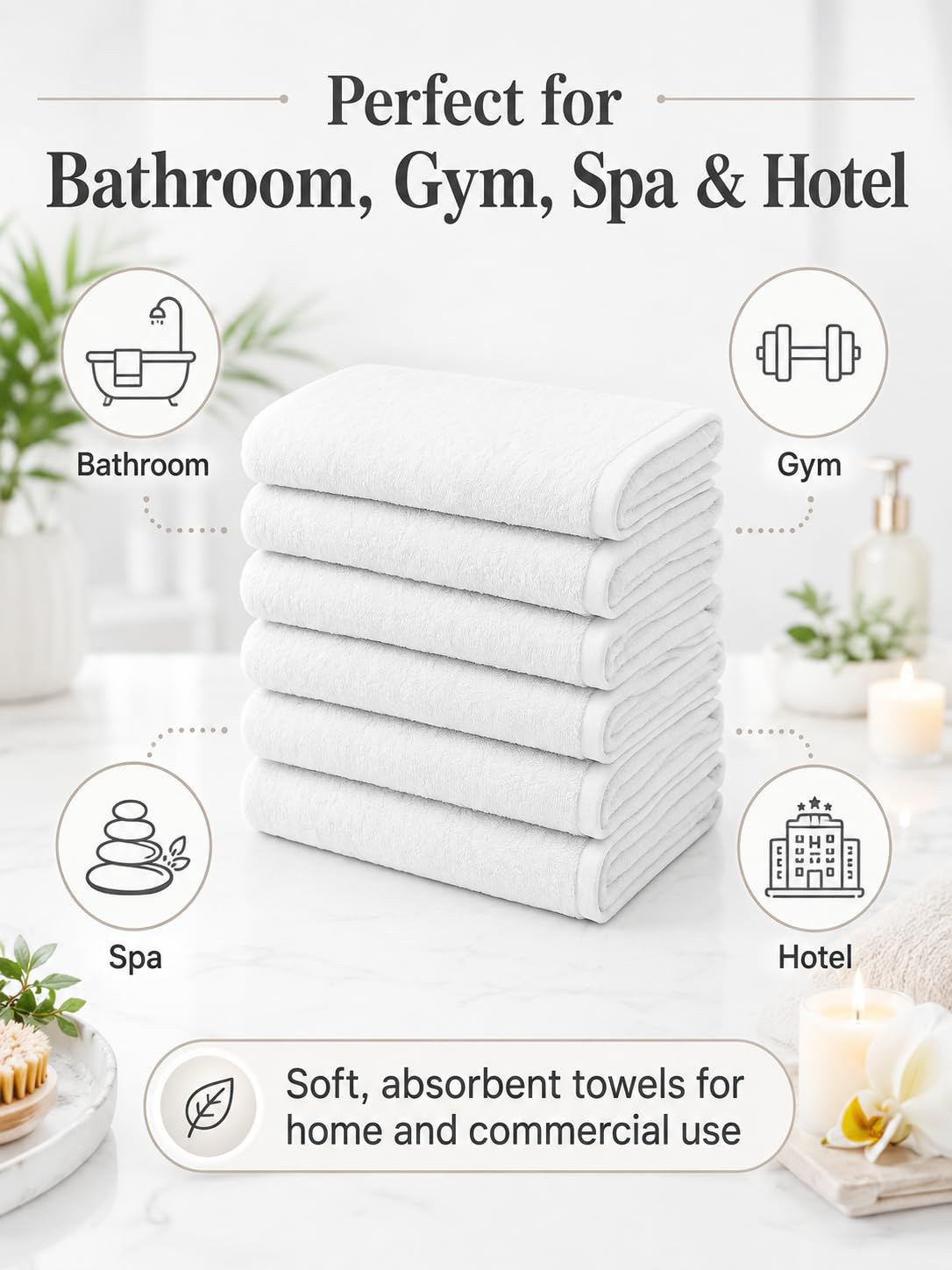 BIOLINEN White Bath Towels Set 6 Pack 24x48, 100% Cotton Towels for Bathroom, Soft Absorbent Quick Dry Towels for Gym Spa Hotel Pool, Bulk Bath Towel