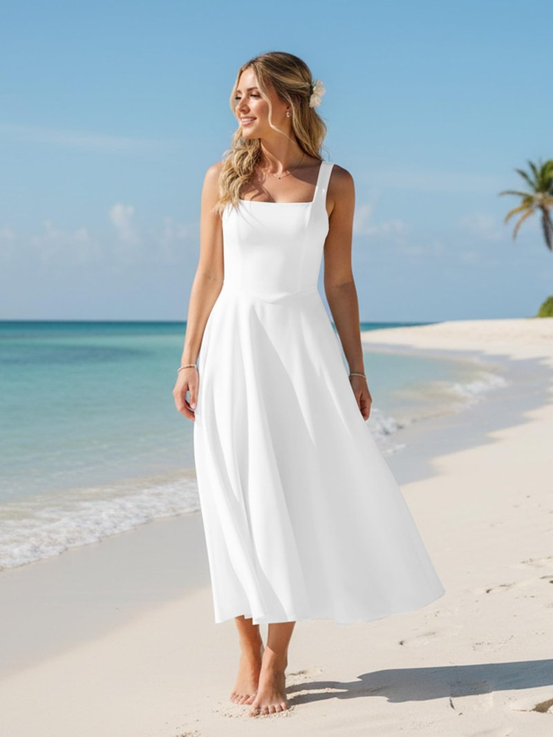 Kaximil Women's Square Neck Sleeveless A Line Maxi Dress Smocked Ruffle Flowy Casual Long Dresses, Large, White