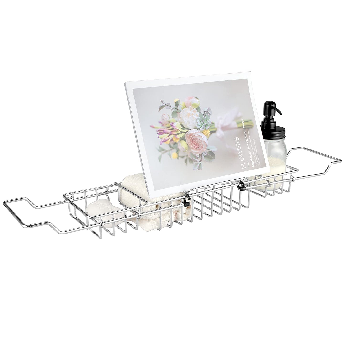 HOMEE Stainless Steel Shower Caddy Tray with Removable Book Holder, European Style Extendable Rectangular Bathroom Tray for Shower Bath Phone IPad Book Holder Candleholder Table Shelf - Silver