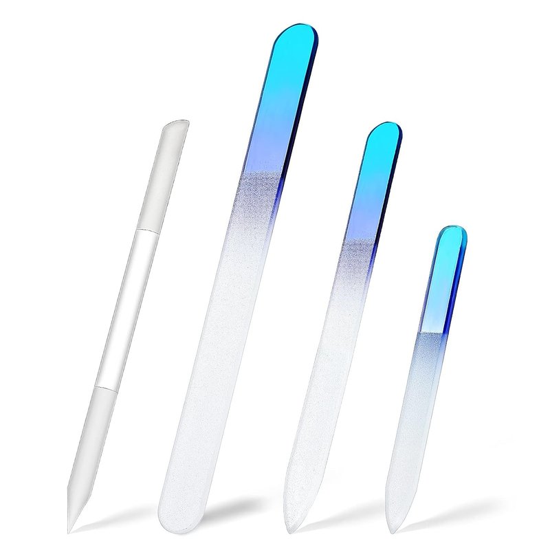 Skiennix Glass Nail File Set - 4 Pcs Double-Sided Crystal Buffers & Cuticle Pushers for Perfect Manicure & Pedicure