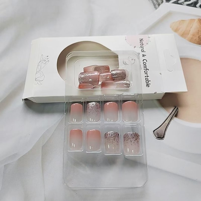 24 Pcs Ombre Press on Nails Short Square - MINGCHUN Spring Fake Nails Press ons Nail Art Tip Sequins Glitter French Design Full Cover Acrylic Nail Kit False Nails Glue on Nails Stick on Nails Women