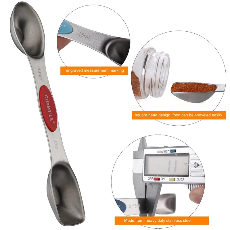 Magnetic Measuring Spoons Set of 8 Dual Sided Stainless Steel Measuring Spoons Long Handle Stackable Teaspoon Tablespoon for Measuring Dry and Liquid Ingredients