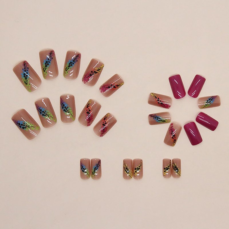 Press on Nails Medium Length Colorful Gradient False Nails Artificial Acrylic Nails Square Fake Nails Full Cover Glossy Reusable Coffin Nails Glue on Nails for Women 24Pcs