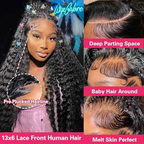 Deep Wave Lace Front Wigs Human Hair 13x6 Hd Lace Front Wig 180% Density For Women Wet And Wavy Wig Pre Plucked With Baby Hair 13x6 Deep Curly Frontal Wig Natural Black Tangle Free 24 Inch