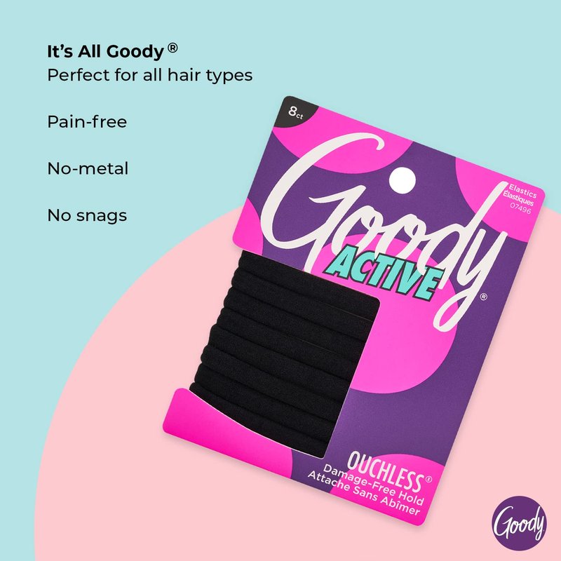 Goody Ouchless Hair Elastics - Damage-Free Gentle Hold Ties | 8 Ct, Black, No Snag for All Hair Types