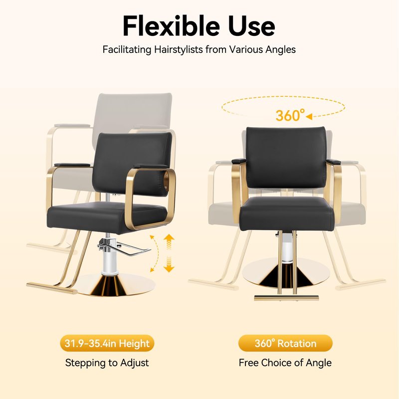 FUODIHEE Salon Chair, 360 Degree Swivel, Hydraulic Adjustable Hairdressing Chair, 440lbs Multi-Function Barber Chair w/Footrest &PU Cushion for Salon, Barber Shop and Beauty Salon (Gold+Black)