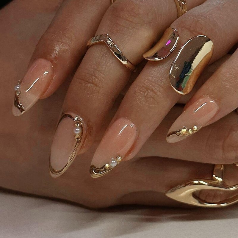 CTTHNBD Press on Nails Almond - French Tip Fake Nails with Gold Line Design - Medium Fasle Nails Press ons - for Women 24 Pcs