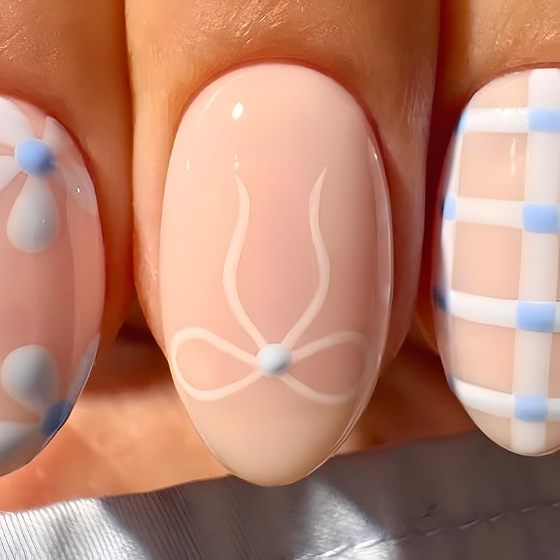 Almond Press on Nails Short White Bow Fake Nails Glossy Stick on Nail Flower Nails Press Ons Full Cover False Nails Summer Glue on Nail for Women and Girls 24Pcs
