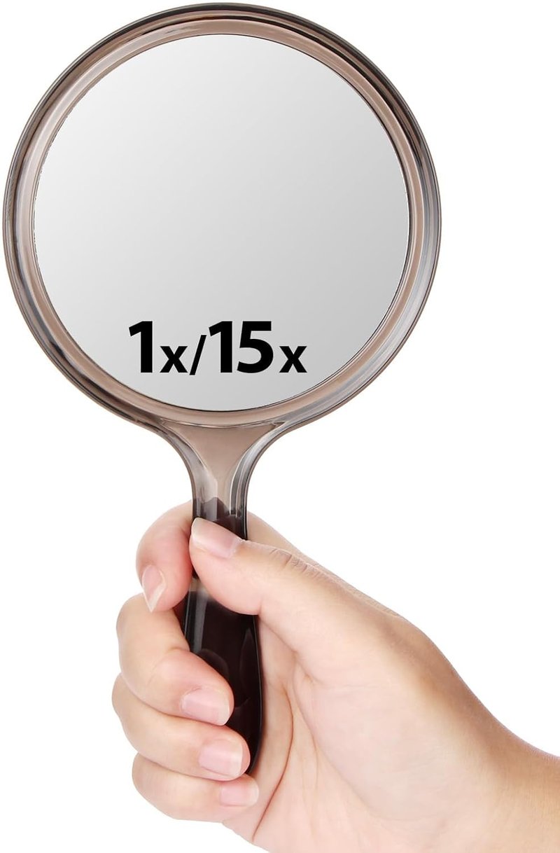 Macaki Double-Sided Handheld Mirror - 1X/15X Magnification for Travel & Makeup | 8.3" L x 4.5" W, Transparent Black