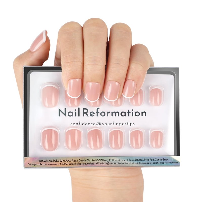Nail Reformation Press On Nails, She’s a Natural | Short Square Fake Nails in White French Tip on Nude Base in a Glossy Finish, Reusable Stick On Nails in 15 Sizes - 30 False Nail Kit for Women Gifts