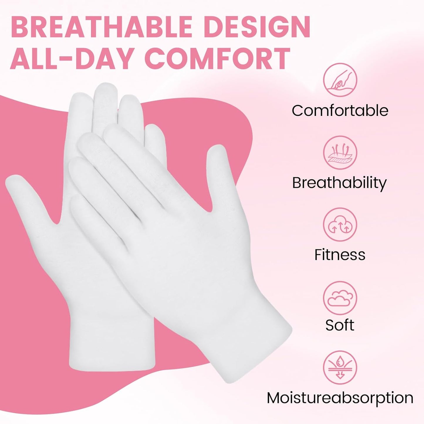 White Cotton Gloves - Soft Moisturizing Overnight Gloves for Eczema & Dry Skin | 20 Pcs Stretchable Spa Gloves for Men & Women