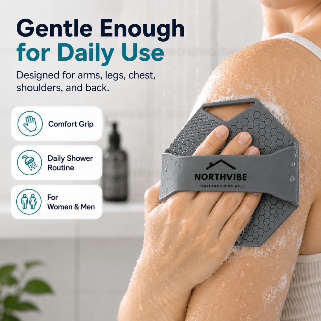 NORTHVIBE Silicone Body Scrubber for Shower, Hygienic Silicone Loofah Alternative, Exfoliating Body Brush with Hand Strap, Quick-Dry Dual-Sided Shower Scrubber, Charcoal