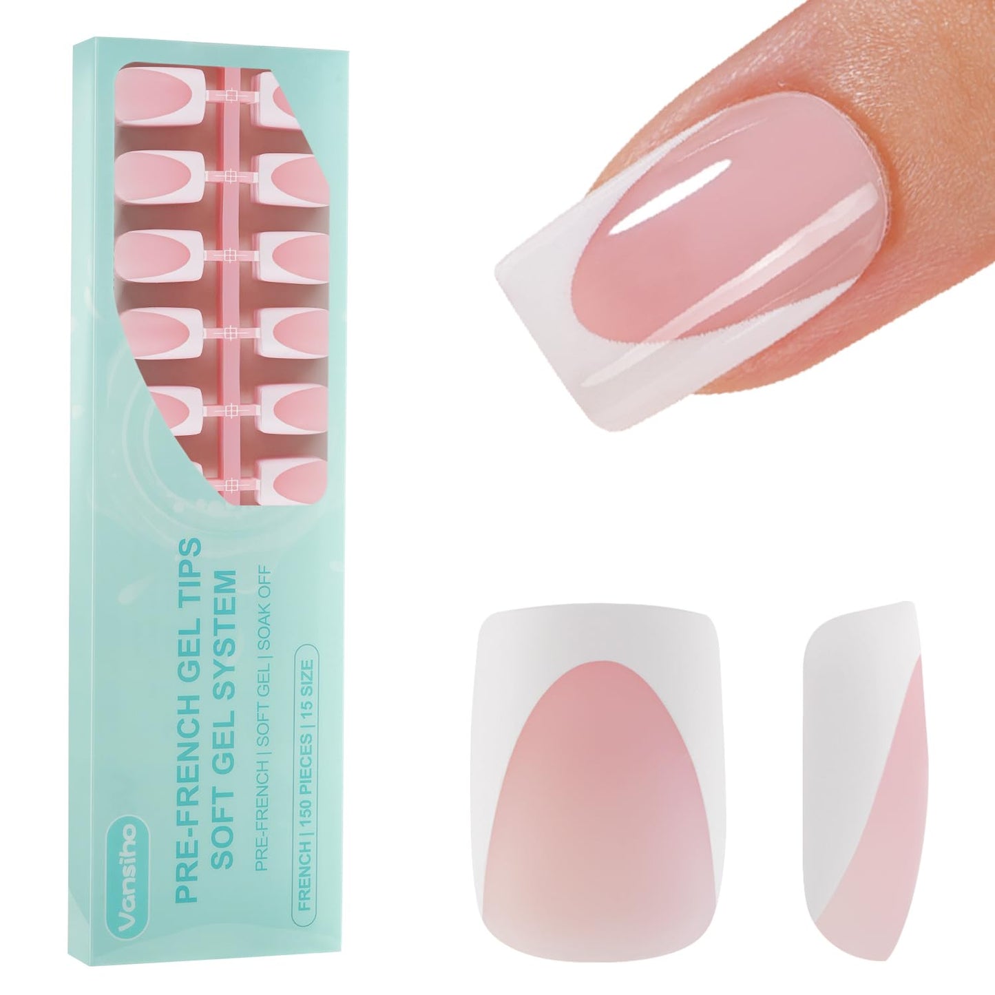 Vansiho Deep French Gel Nail Tips, 150Pcs Short Square Nail Tips, Pink Soft Gel French Tips Press on Nails, Fake Nails for Nail Art DIY 15 Sizes