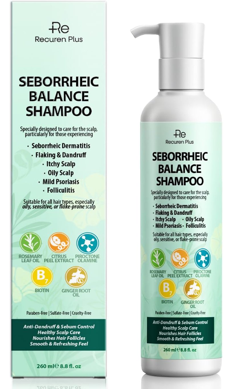 Recuren Plus Seborrheic Dermatitis Shampoo for Folliculitis & Acne: Psoriasis Treatment & Scalp Antifungal Shampoo, Dandruff Shampoo, Dry Itch Scalp & Flake Control — Sulfate-Free, Nourishing