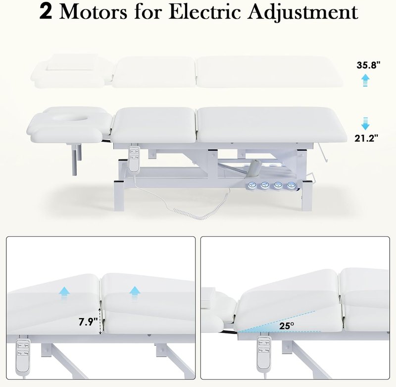 2-Motor Electric Massage Treatment Table w/Wheels, 3-Section Angle & Height Adjustable, Professional Spa Esthetician Bed for Facial, Tattoo, Waxing, Physical Therapy & Medical Exam Table