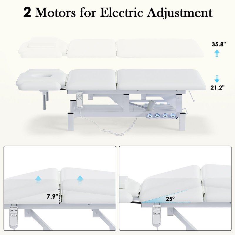 2-Motor Electric Massage Treatment Table w/ Wheels, 3-Section Angle & Height Adjustable, Professional Spa Esthetician Bed for Facial, Tattoo, Waxing, Physical Therapy & Medical Exam Table w/ Stool